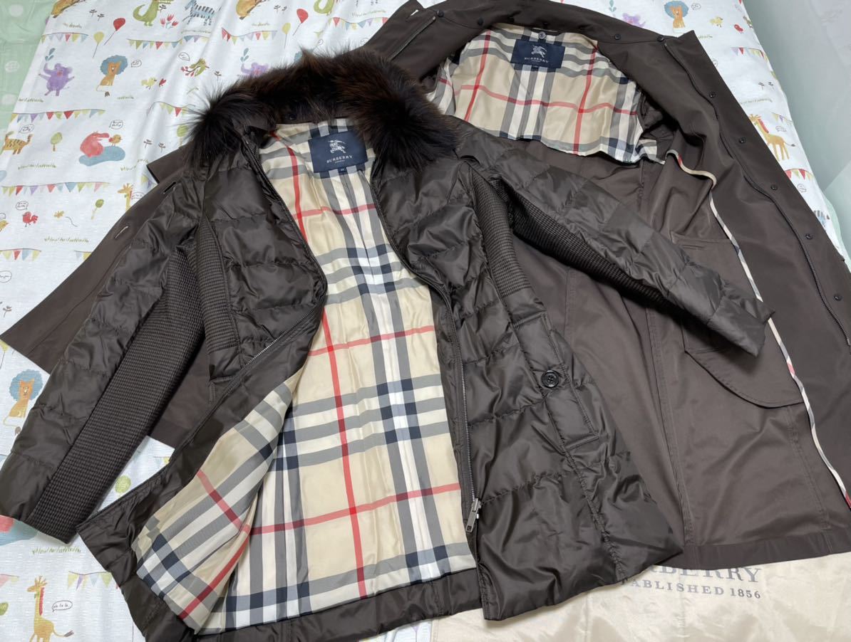 27万★二枚式未使用美品高年式リアルファー脱着BURBERRYバーバリーナイロンレディース40Lライナーベルト付きダウントレンチコート茶色