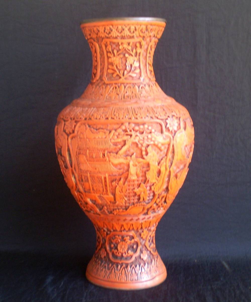 中国古玩 堆朱 唐物 花瓶 細密細工 時代物 極上品 中国美術 人物 高さ 