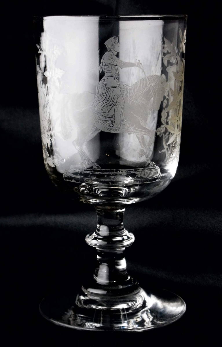 アンティークフランス Jeanne d'Arc 聖女ジャンヌダルクのグラス 古硝子 フルールドリス 月桂樹 団栗やヤドリギ 骨董