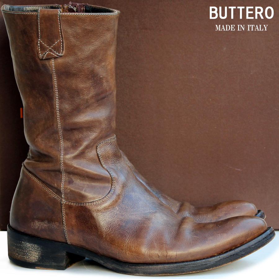 イタリア製★ブッテロ BUTTERO★サイドジップブーツ 40.5≒26.5cm レザー メンズ ロングブーツ ブラウン v-419 BUTTERO サイドジップ ブッテロ レザー 41＝27 ダーク