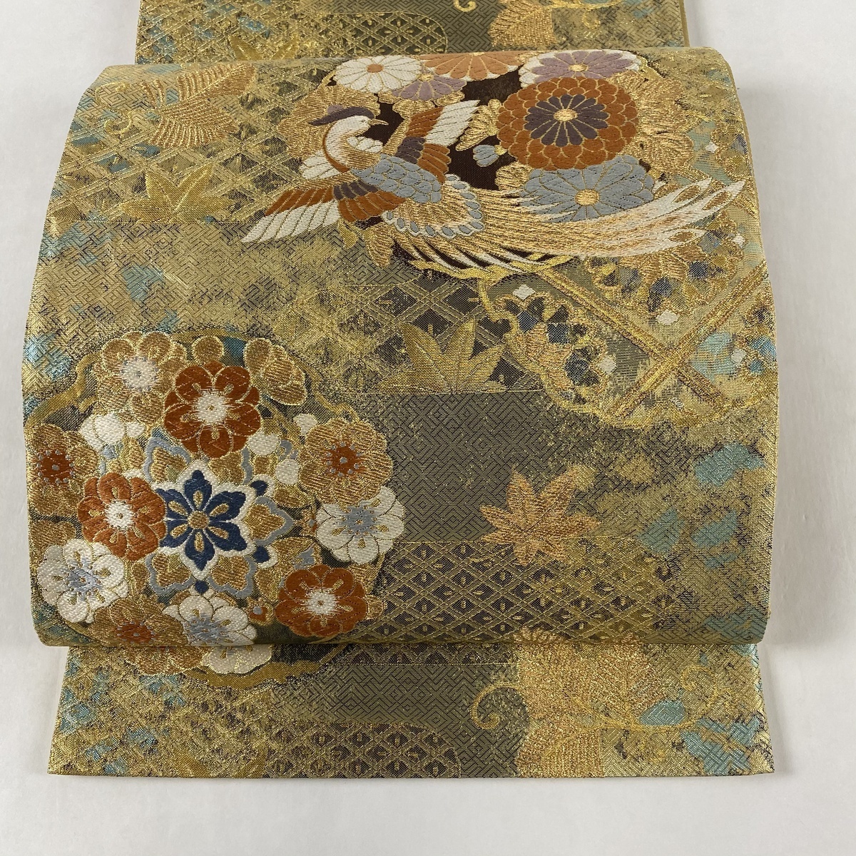 袋帯 美品 秀品 尾長鳥 草花 金糸 箔 ベージュ 六通 正絹 【中古