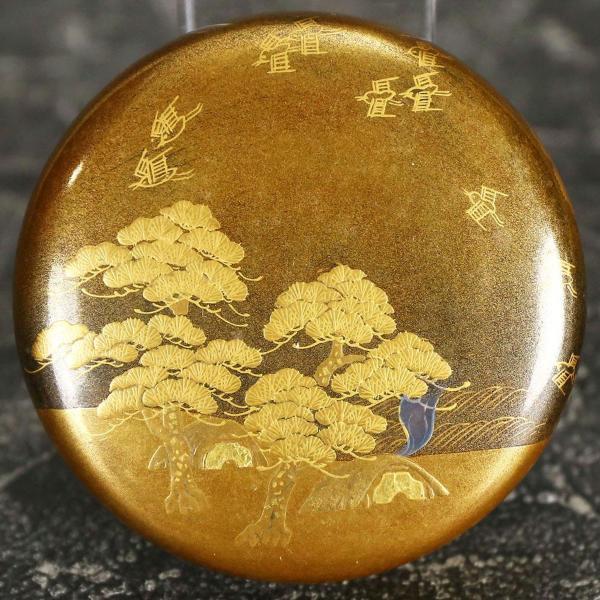 WISH】漆芸 平棗 金蒔絵 梨地 松・鳥紋様 美品 高級漆 細密