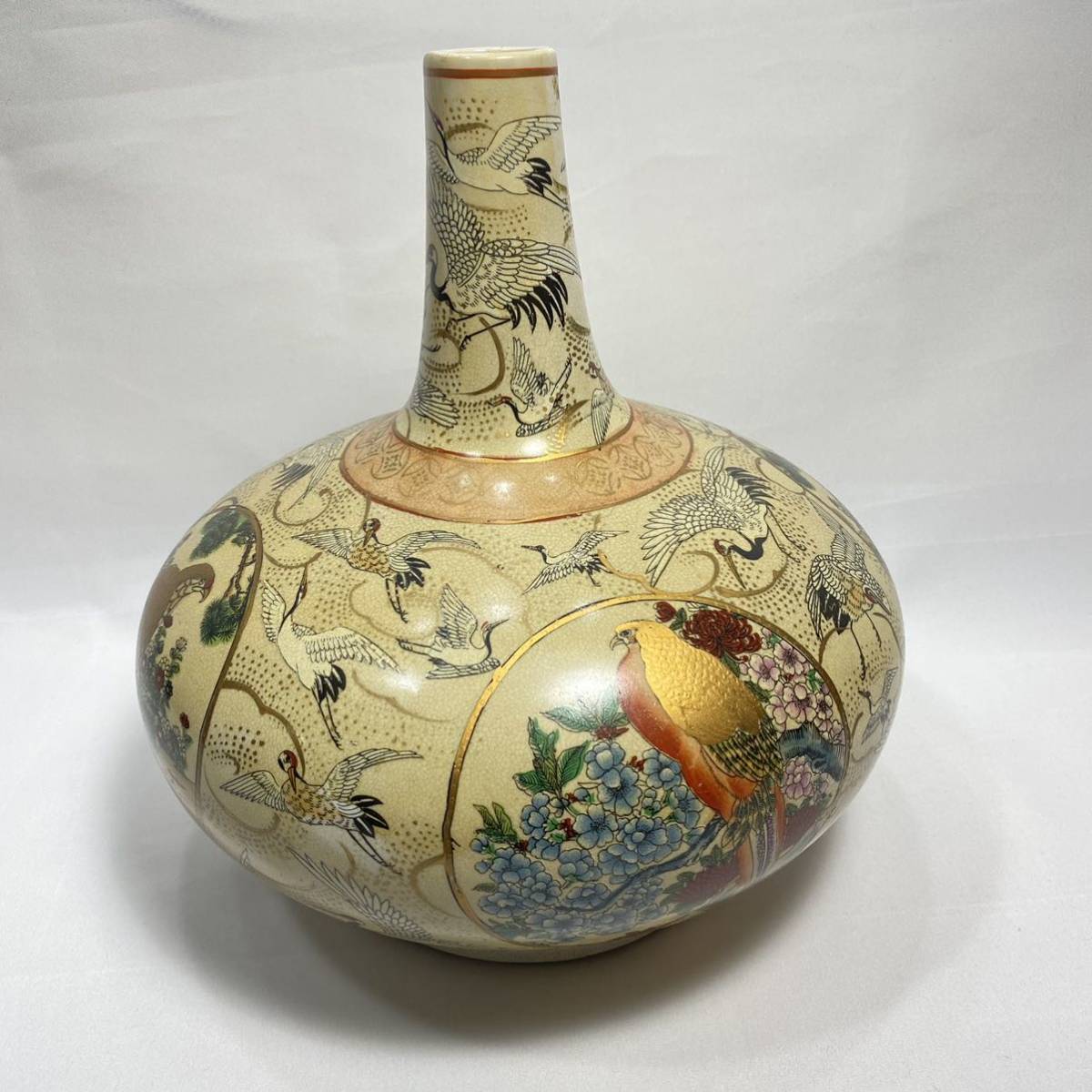 栄盛窯 瀧山作 薩摩焼 群鶴文花鳥図 花瓶 花器 薩摩焼 栄盛