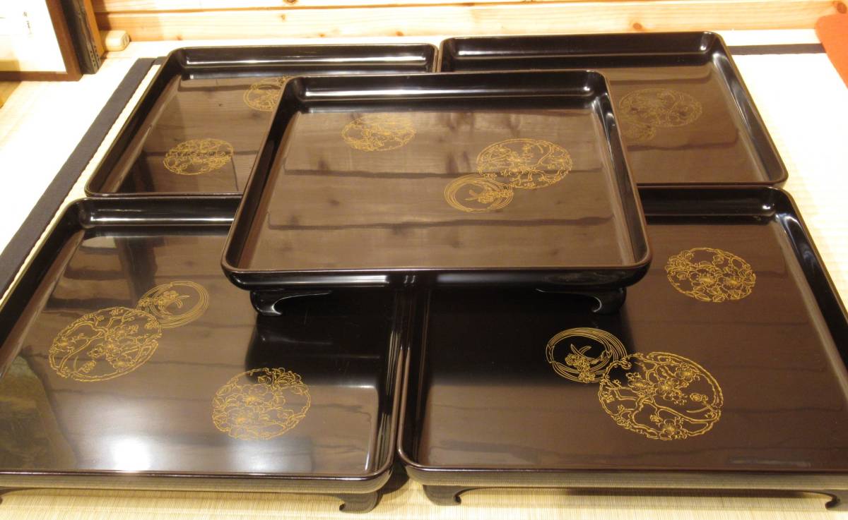 未使用 茶道具 木製 黒塗 通盆 大小一對 箱無 未使用 茶道具 木製 黒塗
