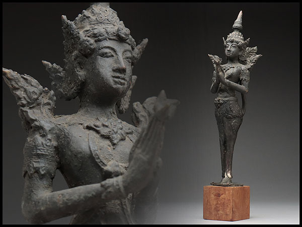 CU206 時代物 仏教美術 タイ美術 バンコク 古銅 キンナリ像 高40cm 重