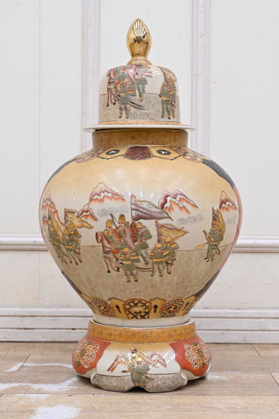 KH07 大型 薩摩焼 金襴手 花瓶 沈香壷 沈香壺 薩摩焼 武者図 壺 武者婦女