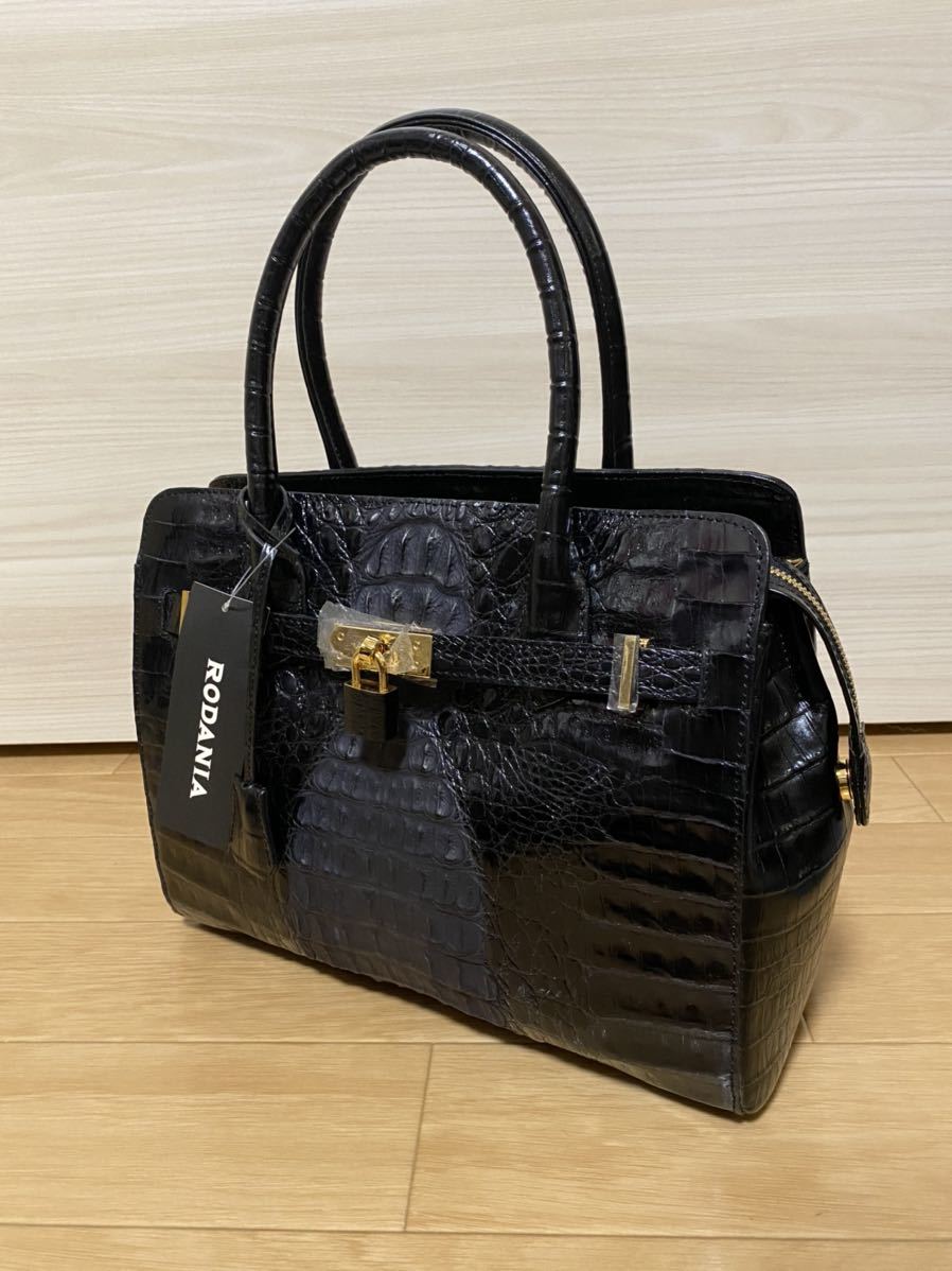 カイマン ロダニア ハンドバッグ RODANIA ワニ革 黒 クロコダイル 