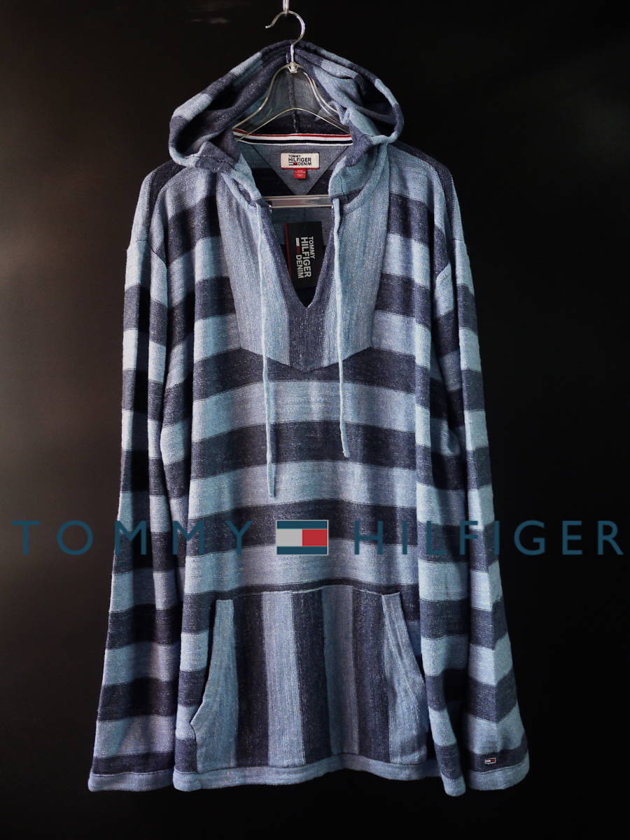 正規新品 XXL/トミーヒルフィガー TOMMY HILFIGER DENIM STRIPE BEACH HOODIE フラッグ 刺繍 ストライプ メキシカン パーカー サマーニット TOMMY トミー ヒルフィガー アームロゴ プルオーバー Embroidered