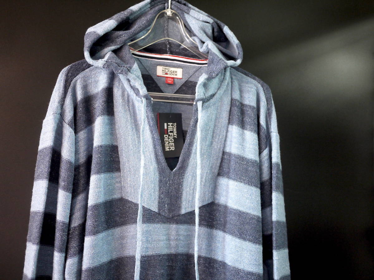 正規新品 XXL/トミーヒルフィガー TOMMY HILFIGER DENIM STRIPE BEACH HOODIE フラッグ 刺繍 ストライプ メキシカン パーカー サマーニット TOMMY トミー ヒルフィガー アームロゴ プルオーバー Embroidered