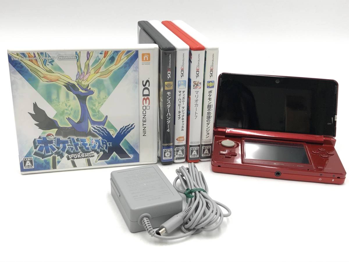 (23113)【1円～】3DS本体(フレアレッド)+ソフト5本セット[ポケモンX/マリカー7/モンハン4/不思議のダンジョン/マジックキャッスル] 中古品