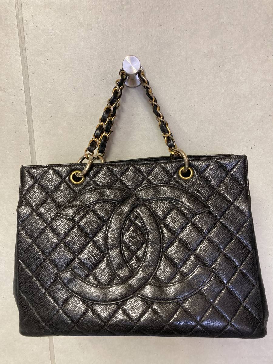 1円スタートCHANEL シャネル キャビアスキン チェーントート レディースバッグ 黒　ジャンク品