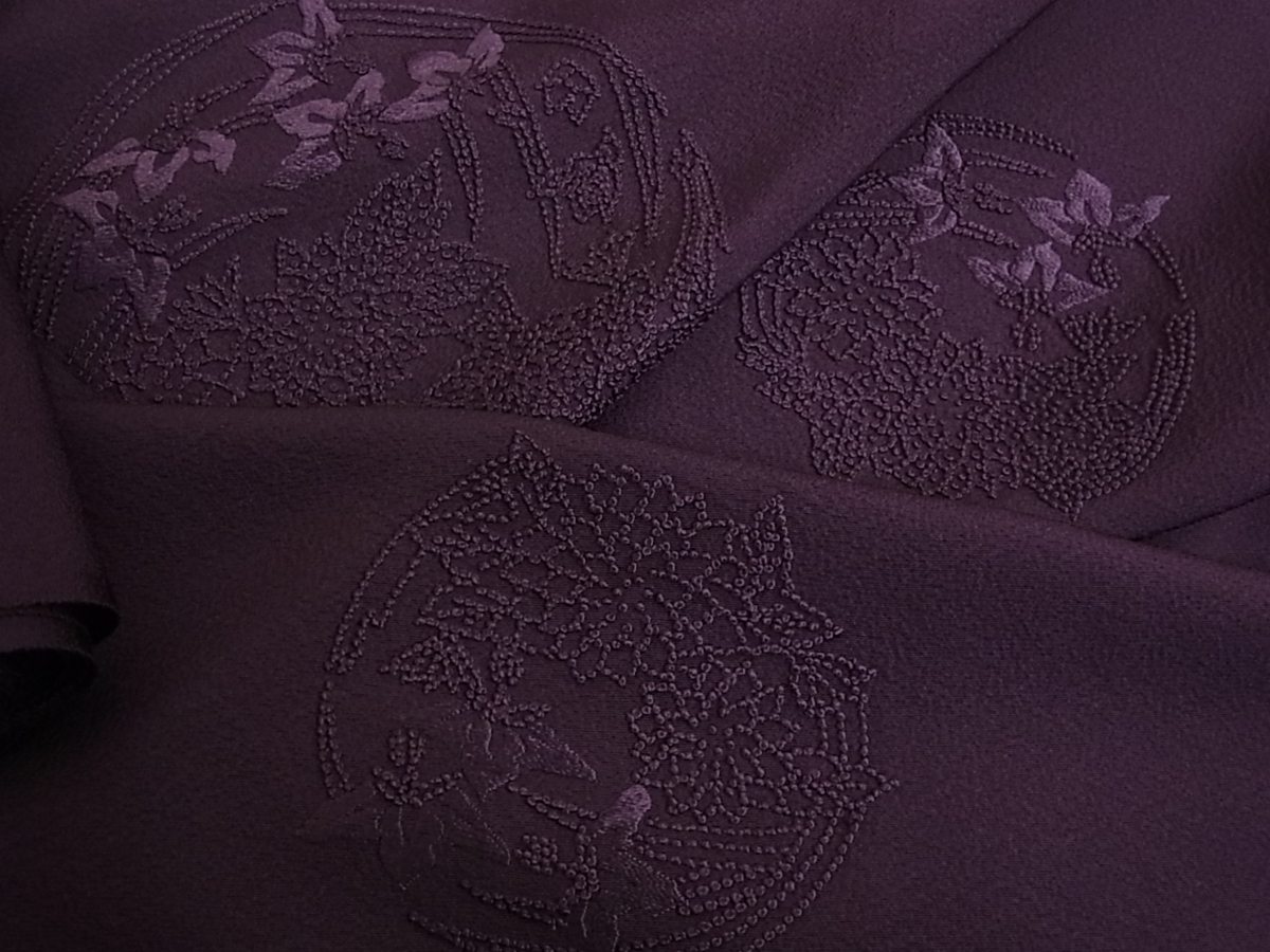 花美人■総相良刺繍　付下　色無地　反物　着尺　花丸文　紫紺色　逸品　未使用　aaa1362
